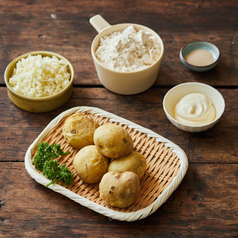 감자 치즈빵을 위한 재료 이미지로 시판 호떡믹스,삶은 감자,피자치즈,마요네즈,소금 등으로 구성 되어있습니다.