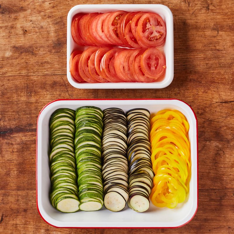 토마토와 가지, 주키니, 파프리카는 얇게 슬라이스 해주세요.
(tip. "단면이 너무 작은 채소 자투리는 모아주세요
채칼을 사용하면 편리해요")