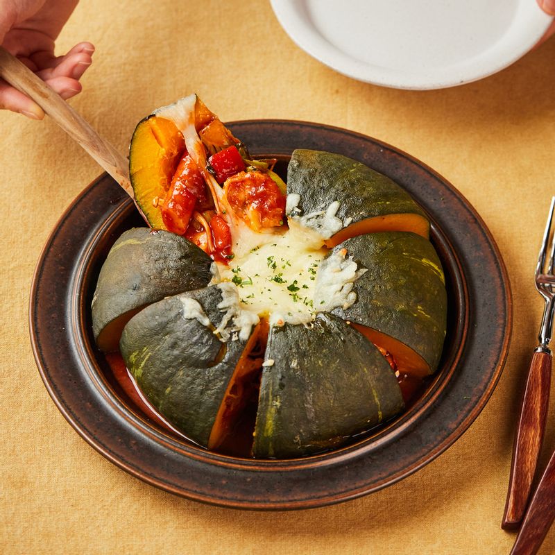 단호박, 안주, 초대요리, 스팀, 레인지, 해산물, 찜, 고추장, 떡, 청경채, 오징어, 새우, 매운요리, 팽이버섯, 버섯