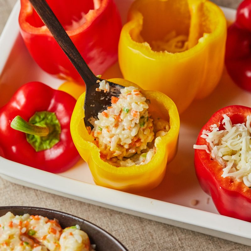 속을 파낸 파프리카에 피자치즈를 1큰술을 깔고 볶아놓은 밥을 넣어 속을 채운 후 피자치즈를 올려 내열 용기에 담아주세요.