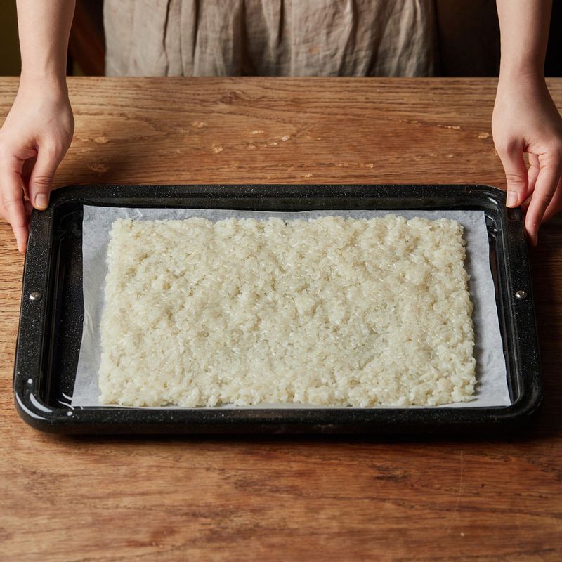 법랑 접시에 종이 포일을 깔고 완성된 찹쌀밥을 얇게 펼친 후 한 김 식혀주세요.
(tip. 칼등으로 칼집을 넣으면 떼어내기 편리해요)