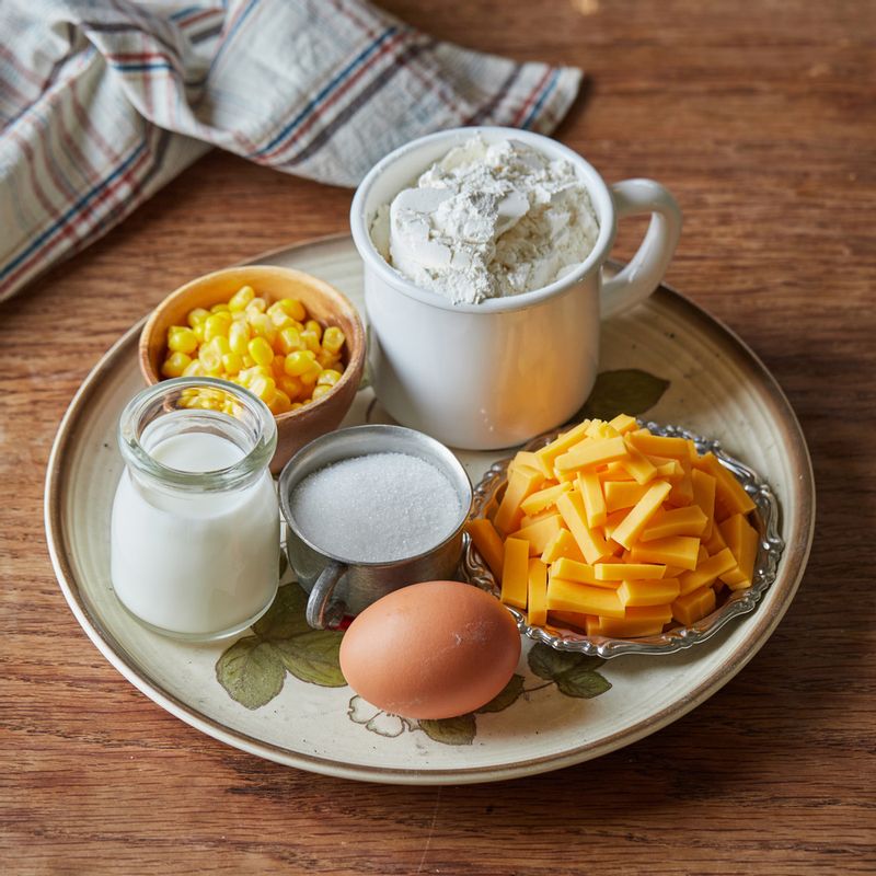 치즈 스콘을 위한 재료 이미지로 박력분,설탕,잘게 썬 무염버터,달걀,우유 등으로 구성 되어있습니다.