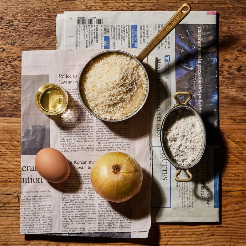 어니언링을 위한 재료 이미지로 양파,튀김가루,달걀,빵가루,식용유 등으로 구성 되어있습니다.