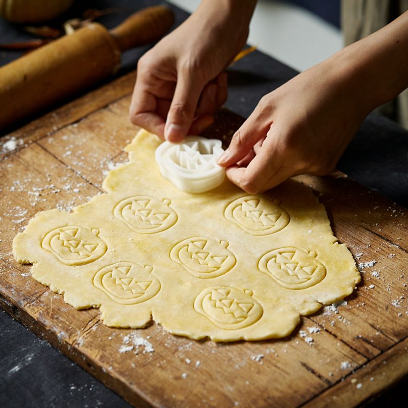 쿠키 커터로 모양을 찍은 후 파이 윗면은 잭오랜턴의 얼굴 모양으로 조각을 파내주세요.