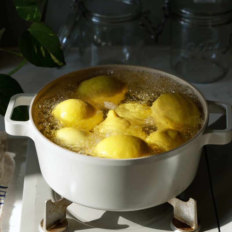 끓는 물에 레몬을 20초간 굴린 후 찬물로 헹궈주세요. 물기를 제거해 주세요.
(tip. 물기가 있으면 곰팡이가 생길 수 있으니 꼭 제거해 주세요)