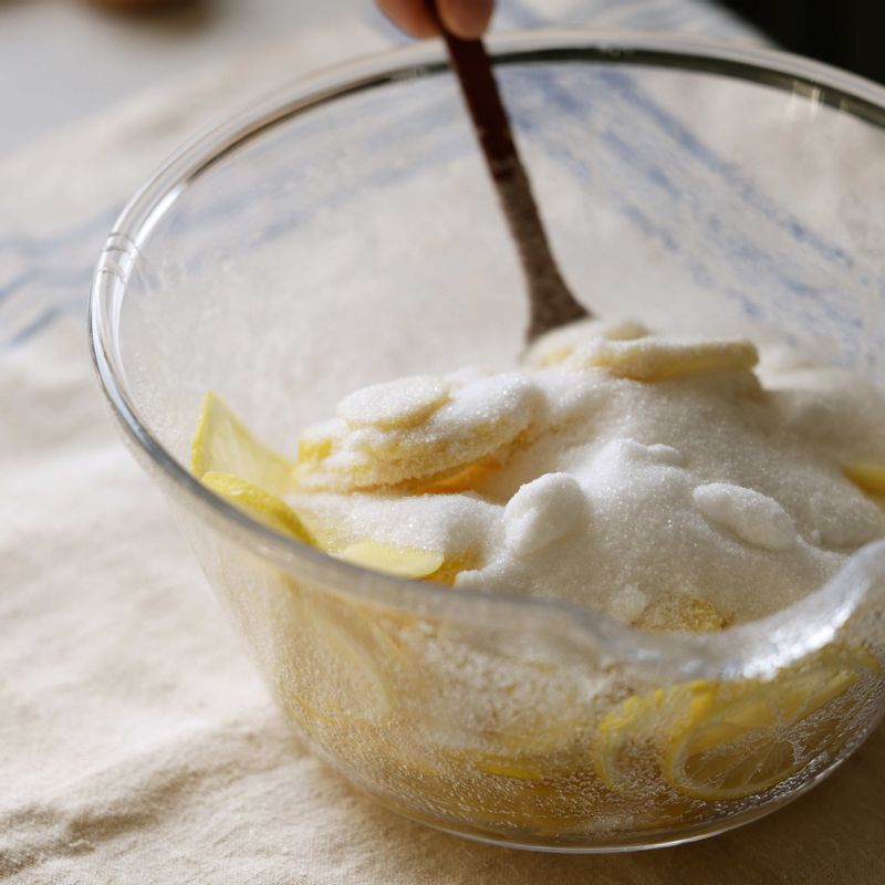 큰 볼에 레몬 슬라이스와 생강 슬라이스, 설탕, 꿀, 레몬즙을 넣고 버무려주세요.