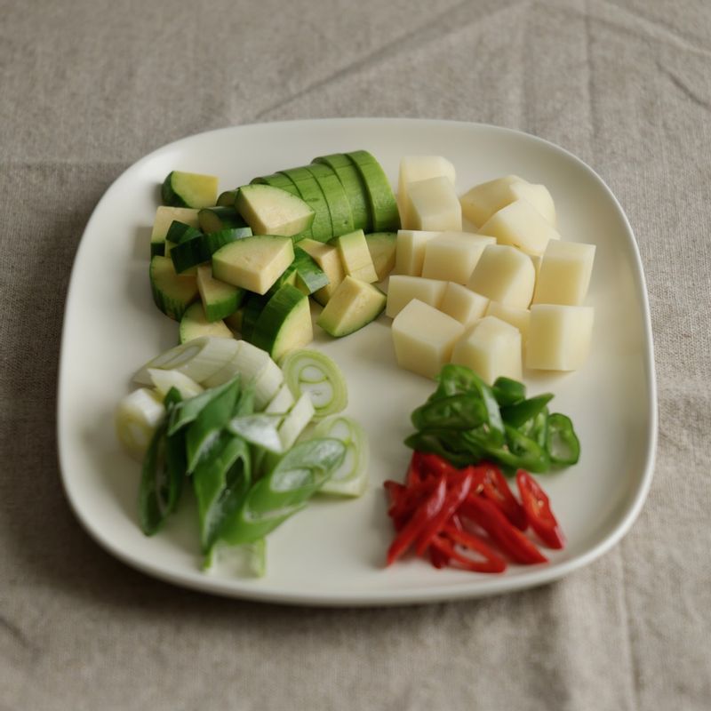 애호박, 양파, 감자, 두부는 먹기 좋은 크기로 잘라 준비해주세요. 청양고추, 홍고추, 대파는 어슷 썰어주세요.
(tip. 감자를 넣으면 국물이 전분기로 인해 끈적해질 수 있어요. 전분기가 싫다면 감자를 찬물에 10분 정도 담근 후 사용해 주세요)