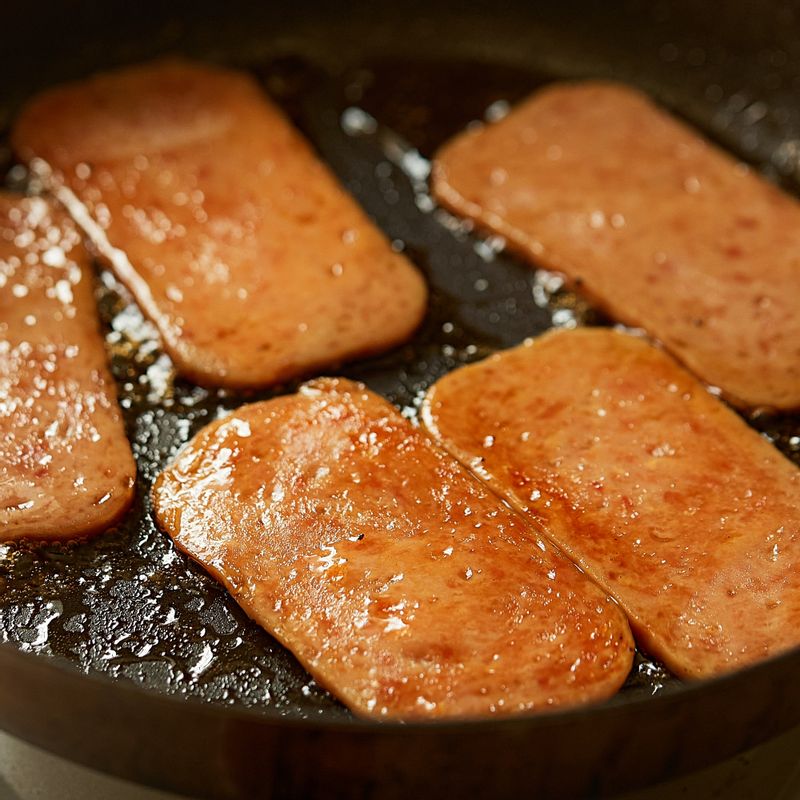 달군 팬에 약간의 기름을 두르고 스팸을 넣어 앞 뒤로 굽다가 양념재료를 넣어 중간불에서 조려가며 익혀주세요. 
(tip. 팬에 소스가 조금 남아 있을 때 불을 꺼 주세요.)