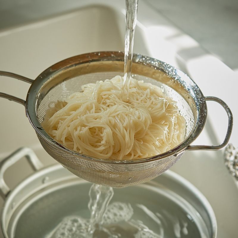삶은 소면은 찬물에서 여러 번 비벼가며 헹궈 전분기를 없앤 후 체에 받쳐 물기를 빼 주세요