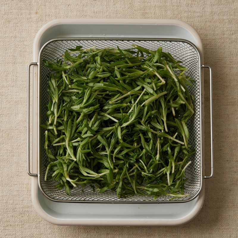 돌나물은 시든 잎과 억센 줄기를 다듬고 물에 흔들어 가볍게 씻은 후 채반에서 물기를 빼주세요. 
(tip. 돌나물은 여러 번 씻으면 풋내가 많이 나기 때문에 한 번만 가볍게 헹궈 사용해 주세요)