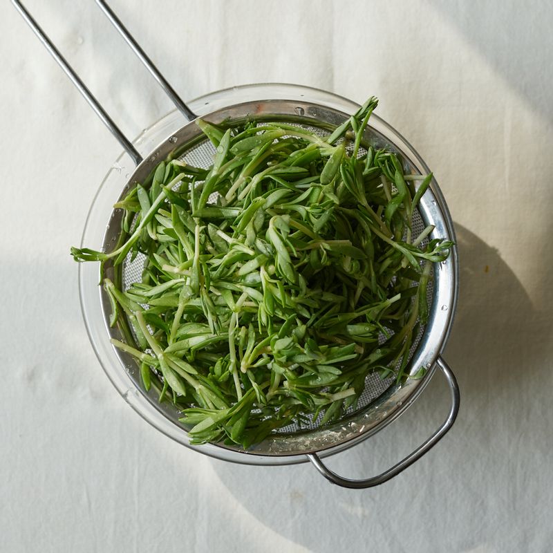 돌나물은 시든 잎과 억센 줄기를 다듬고 물에 흔들어 가볍게 씻은 후 채반에서 물기를 빼주세요.
(tip. 돌나물은 여러 번 씻으면 풋내가 많이 나기 때문에 한 번만 가볍게 헹궈 사용하세요)