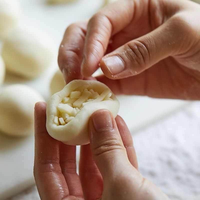 반죽을 작은 크기로 떼어내고 가운데에 모짜렐라 치즈를 넣어 동그랗게 만들어주세요.
(tip. 반죽은 20g 정도 적당한 양으로 분할해 주세요)
(tip. 모짜렐라 치즈는 전자레인지에서 40초 정도 돌린 후 뭉치면 더 꽉 차게 넣을 수 있어요)