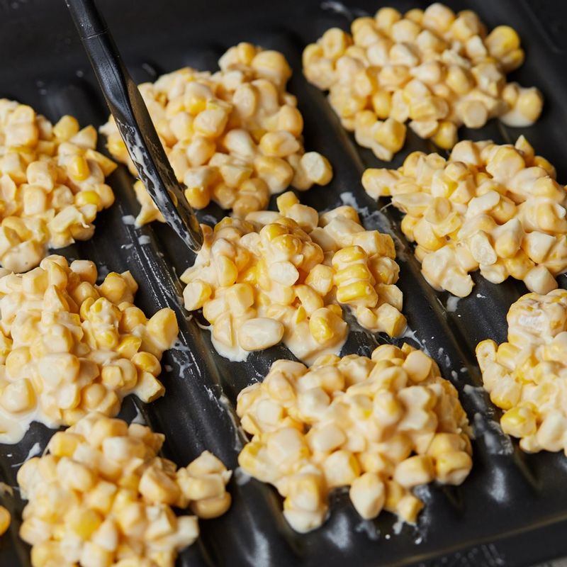 구이 전용 팬에 옥수수 반죽을 적당한 크기로 덜어낸 후 식용유를 발라주세요.