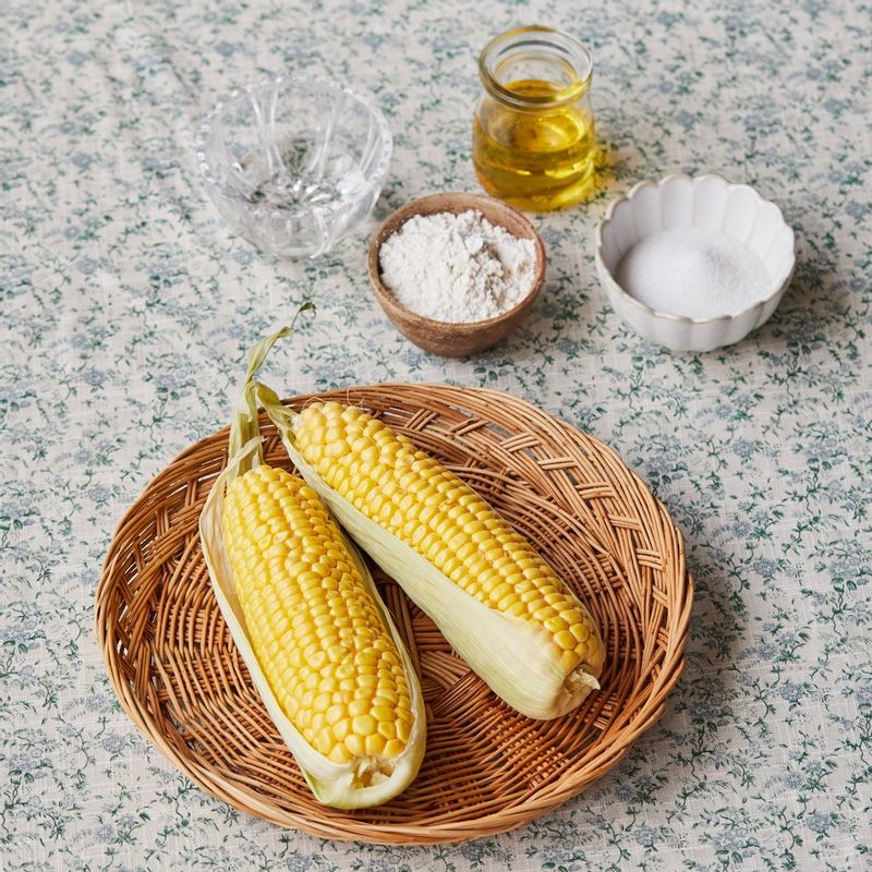 초당 옥수수 빠스을 위한 재료 이미지로 초당 옥수수,튀김가루,물,소금,식용유 등으로 구성 되어있습니다.