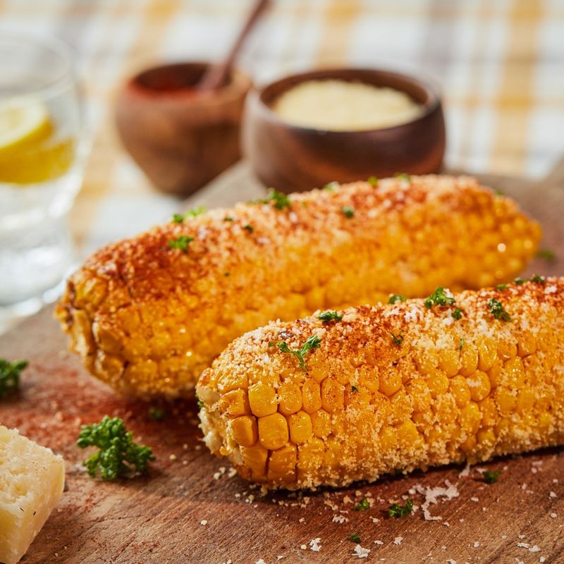 완성된 마약 옥수수를 꺼내 파마산 치즈 가루, 파프리카 파우더, 파슬리를 뿌려 맛있게 즐겨주세요.