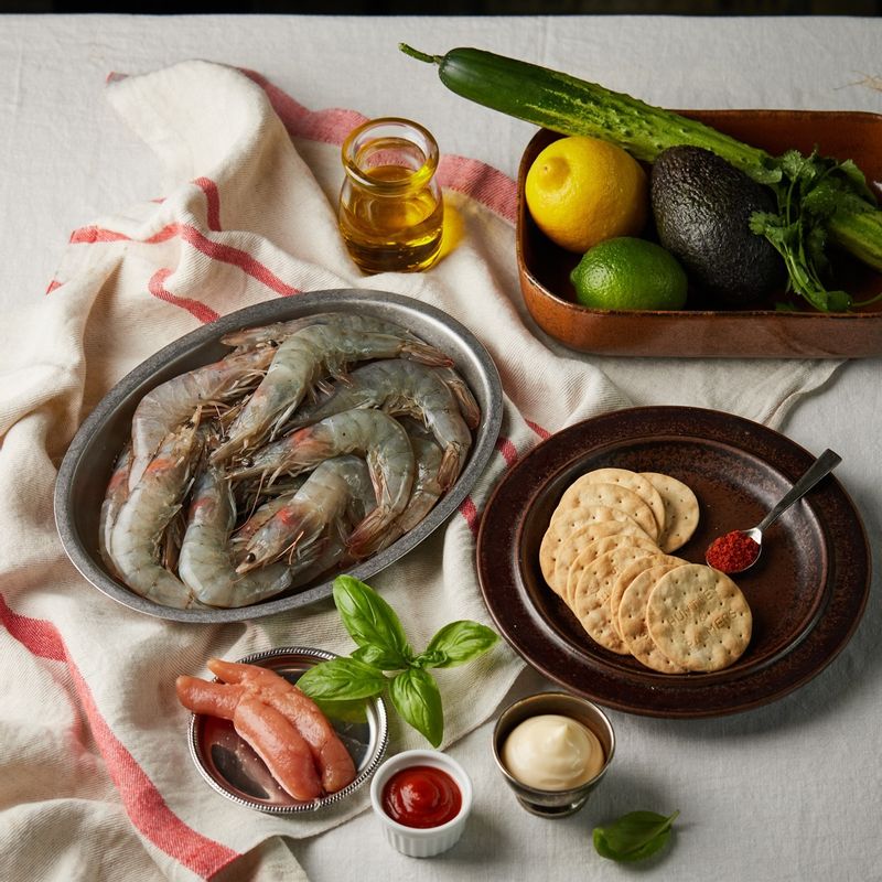 새우 카나페을 위한 재료 이미지로 새우,아보카도,크래커,레몬즙,소금 등으로 구성 되어있습니다.