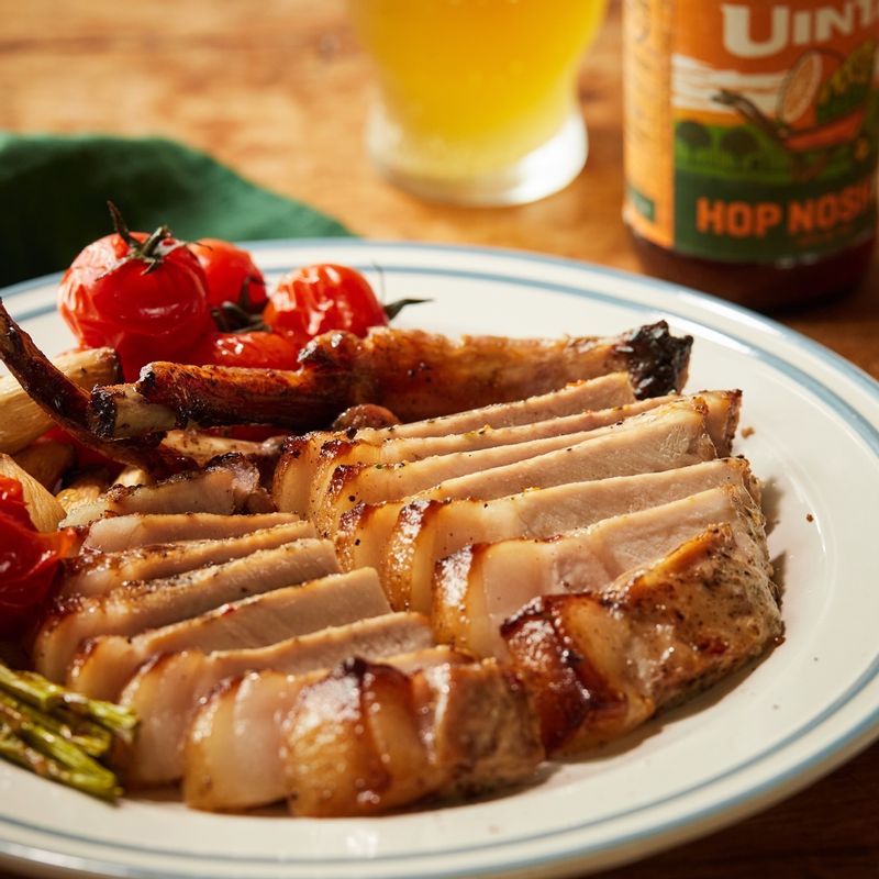 완성된 돈마호크를 먹기 좋게 썰어 접시에 담고 소금, 홀그레인 머스타드 등을 곁들여 맛있게 즐겨주세요.