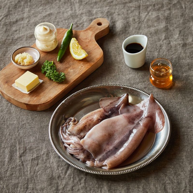 오징어 버터구이을 위한 재료 이미지로 오징어,다진 파슬리 등으로 구성 되어있습니다.