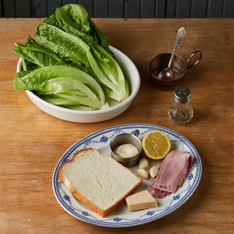 로메인 시저샐러드을 위한 재료 이미지로 로메인 상추,베이컨,식빵,파마산 치즈 가루,레몬 등으로 구성 되어있습니다.