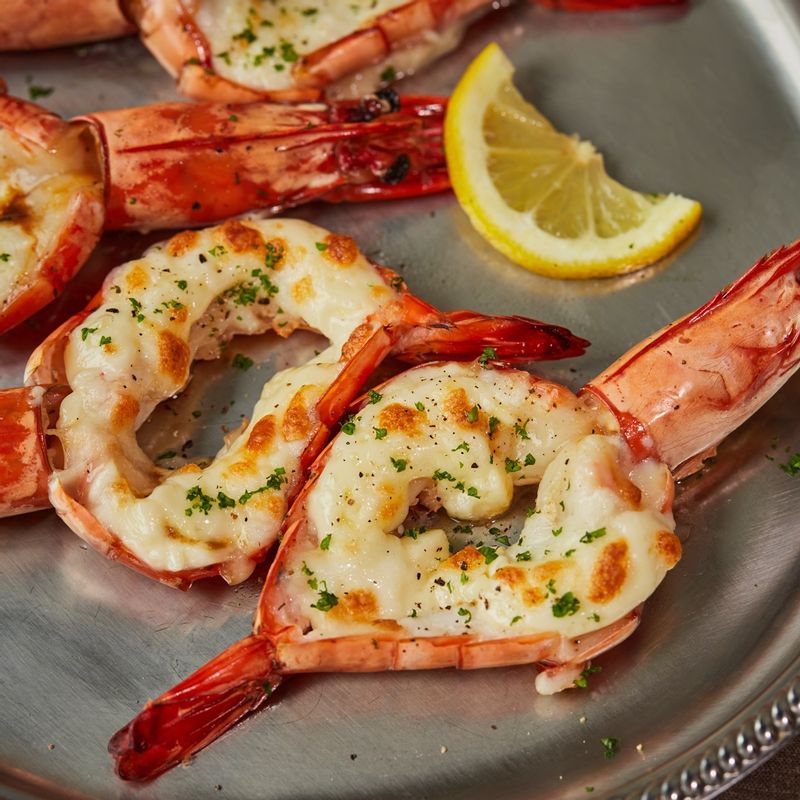 완성된 대하 치즈구이를 접시에 담아 레몬, 파슬리 등을 올려 맛있게 즐겨주세요.