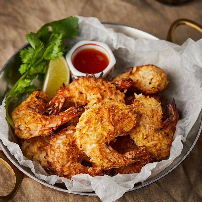 접시에 코코넛 쉬림프를 담고 소스, 라임을 곁들여 맛있게 즐겨주세요.