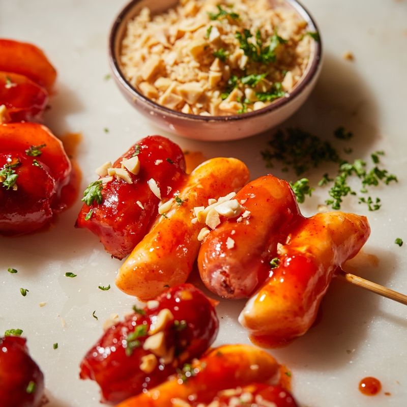 완성된 소떡소떡을 소스에 버무려 완성해 주세요. 소떡소떡을 접시에 담고 다진 견과류와 파슬리를 뿌려 맛있게 즐겨주세요.