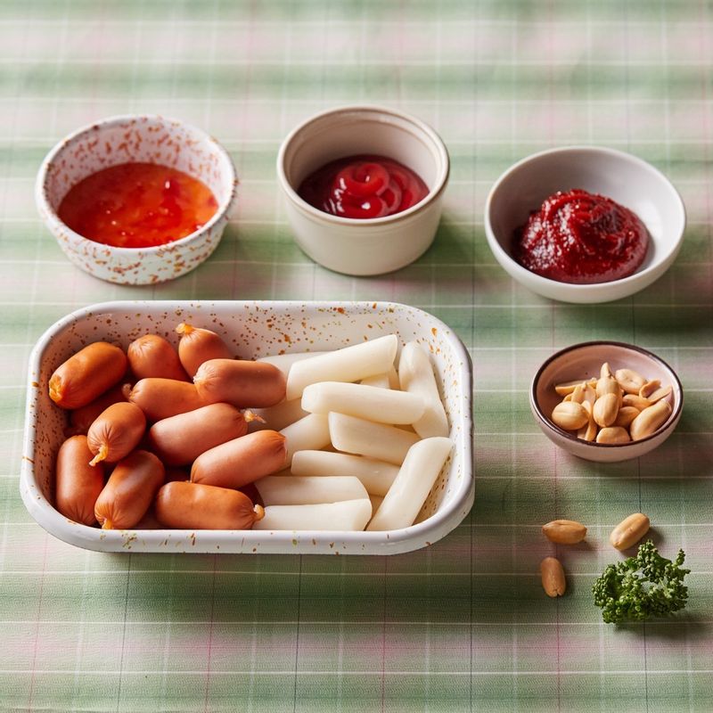 소떡소떡을 위한 재료 이미지로 떡볶이 떡,비엔나 소시지,다진 견과류,꼬치,파슬리 가루 등으로 구성 되어있습니다.