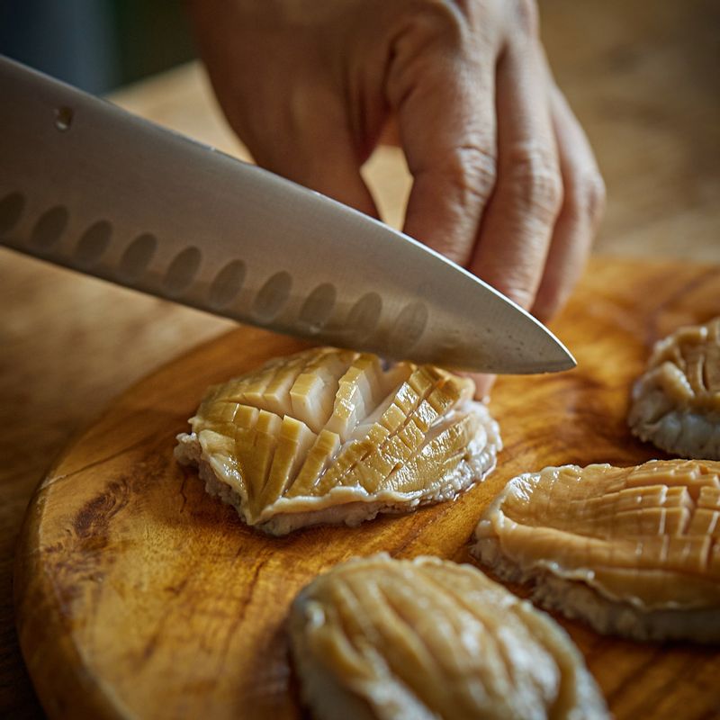 전복은 조리용 솔로 문질러 깨끗이 씻은 후 수저로 살과 내장을 떼어 주세요. 전복의 이빨과 모래집을 제거 후 내장은 잘게 다져 주세요. 전복 5마리는 잘게 격자로 칼집을 넣고 나머지 전복은 칼집을 넣고 먹기좋은 크기로 썰어주세요.