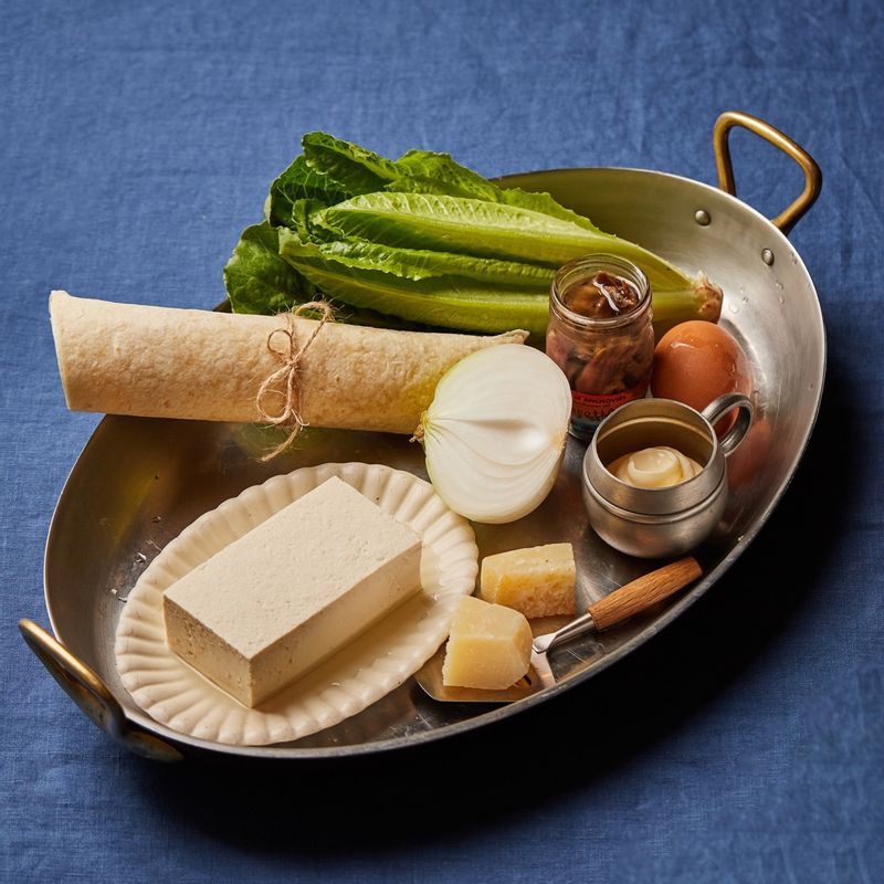 두부 커틀릿 랩을 위한 재료 이미지로 두부,또띠아,로메인상추,달걀,밀가루 등으로 구성 되어있습니다.