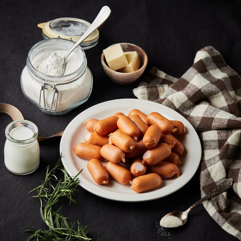 크리스마스 리스 소시지볼을 위한 재료 이미지로 비엔나 소시지 등으로 구성 되어있습니다.