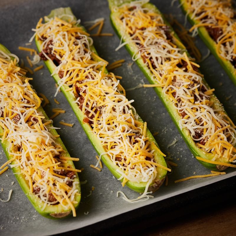 속을 파낸 애호박에 볶은 재료를 넣고 윗부분에 빵가루와 치즈를 뿌려 주세요.