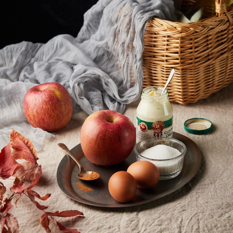 애플그라탕을 위한 재료 이미지로 사과,설탕,버터,시나몬 가루,소금 등으로 구성 되어있습니다.