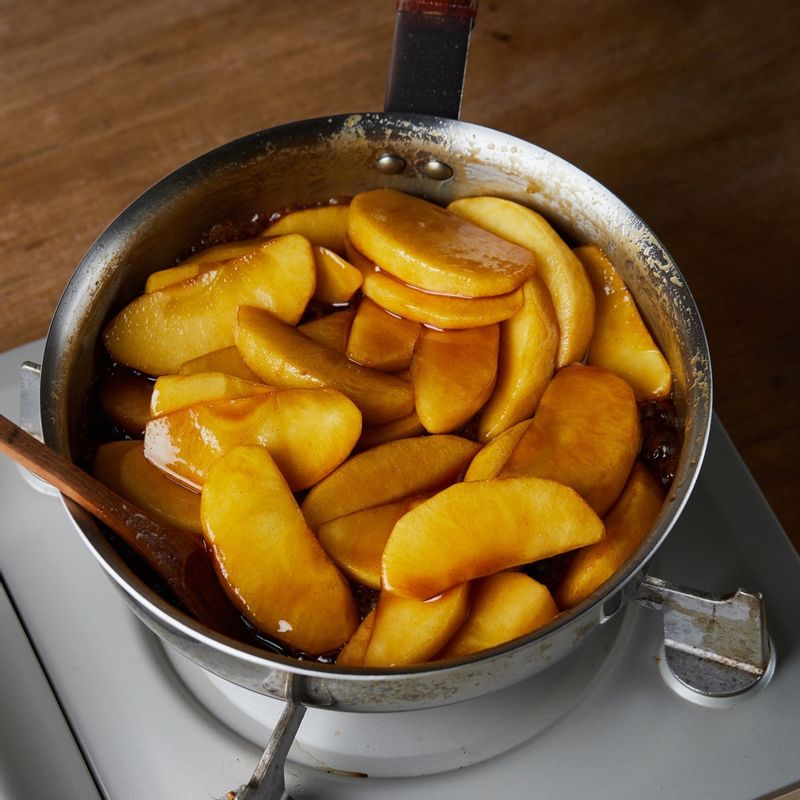 달군 팬에 버터를 넣어 녹이고 사과를 넣고 볶다가 시나몬 가루와 소금, 설탕을 넣고 졸이듯 볶아주세요.