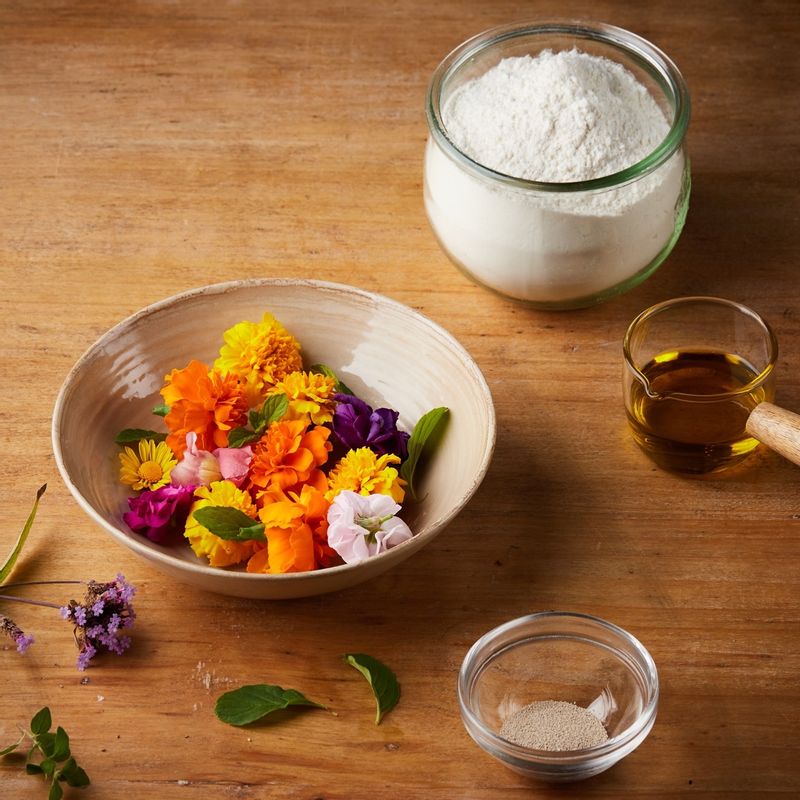 플라워피자을 위한 재료 이미지로 메리골드 꽃,강력분,물,이스트,소금 등으로 구성 되어있습니다.