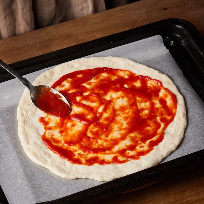 법랑 접시에 종이호일을 깔고 반죽을 올린 후 반죽에 토마토소스를 바르고 생 모차렐라를 토핑해주세요.