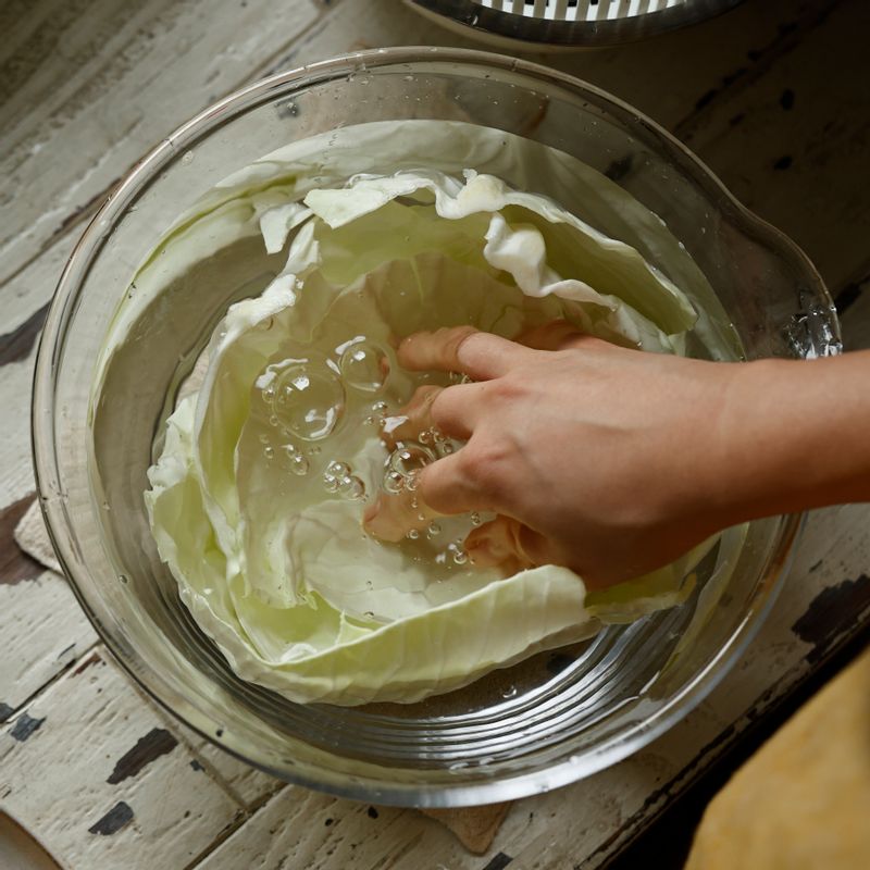 양배추는 잎으로 떼어내 찬물에 10분정도 담가주세요. 흐르는 물에 씻은 후 적당한 크기로 찢고 채반에 밭쳐 물기를 제거해 주세요.