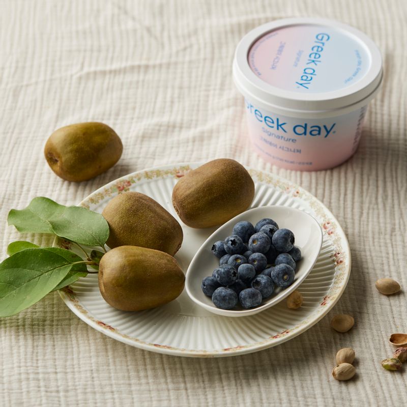 레드키위 요거트 바크을 위한 재료 이미지로 그릭요거트,레드키위,블루베리,피스타치오 등으로 구성 되어있습니다.