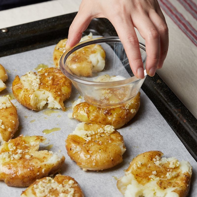 법랑 접시에 종이 호일을 깔고 밑간한 감자를 놓고 그릇 아랫면으로 가볍게 눌러 으깨어 주세요.