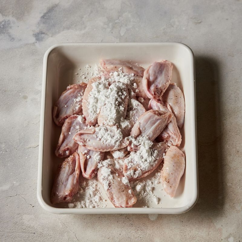 재워둔 닭날개에 전분을 묻혀 털어내주세요.