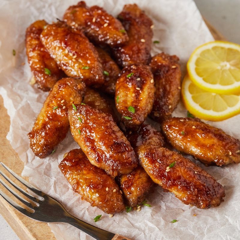 완성된 허니 갈릭 치킨윙을 접시에 담아 쪽파와 레몬을 곁들여 맛있게 즐겨주세요.