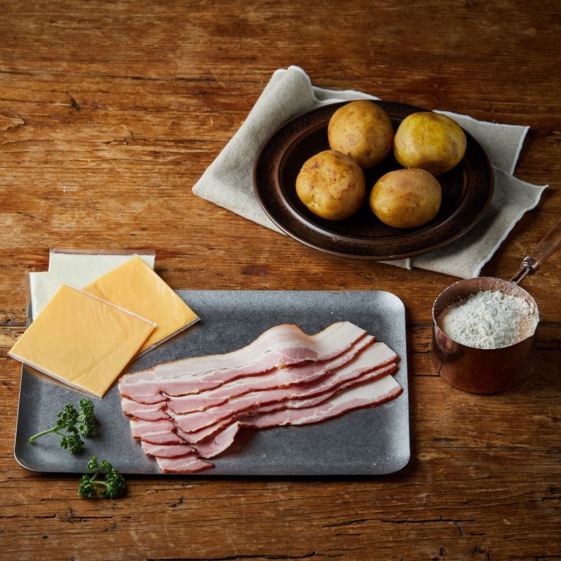 감자 팬케이크을 위한 재료 이미지로 감자,베이컨,슬라이스 치즈,식용유,다진 파슬리 등으로 구성 되어있습니다.