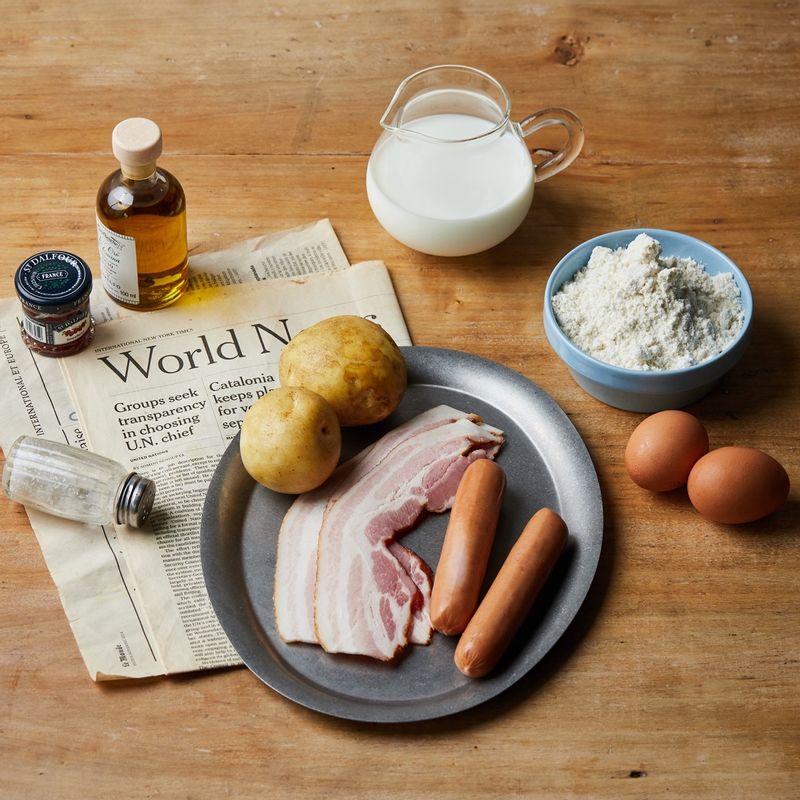 아메리칸 브랙퍼스트을 위한 재료 이미지로 깍뚝 썬 감자,소시지,베이컨,달걀,소금 등으로 구성 되어있습니다.