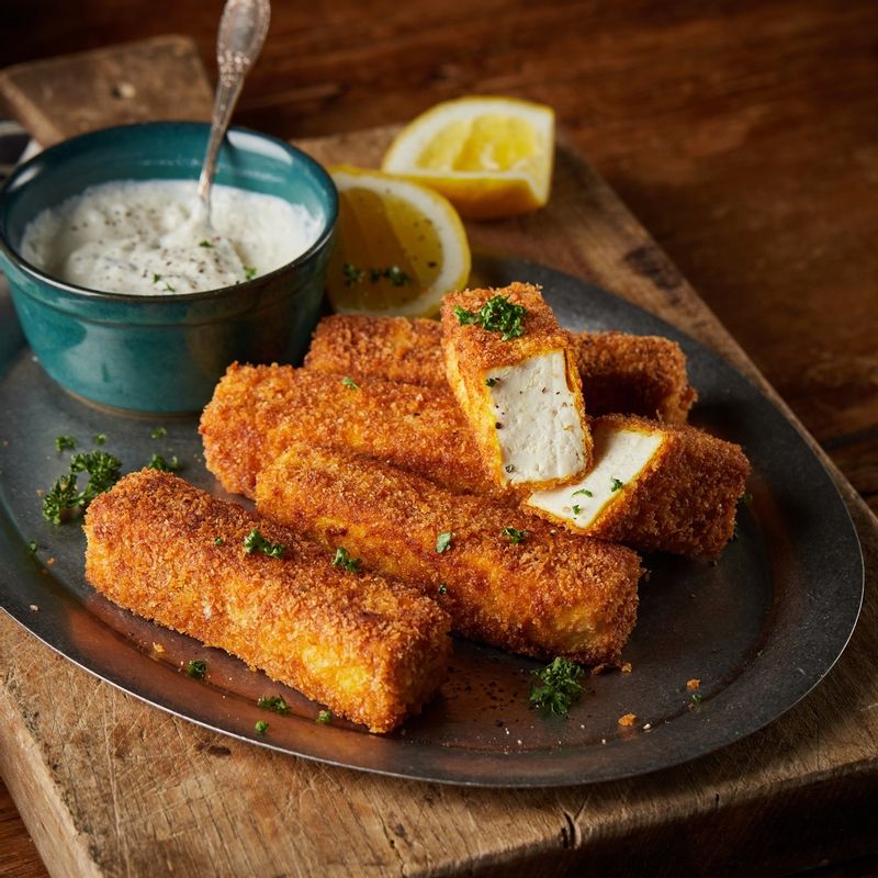 완성된 두부카츠를 접시에 담고 다진 파슬리를 뿌려 소스와 함께 맛있게 즐겨주세요.