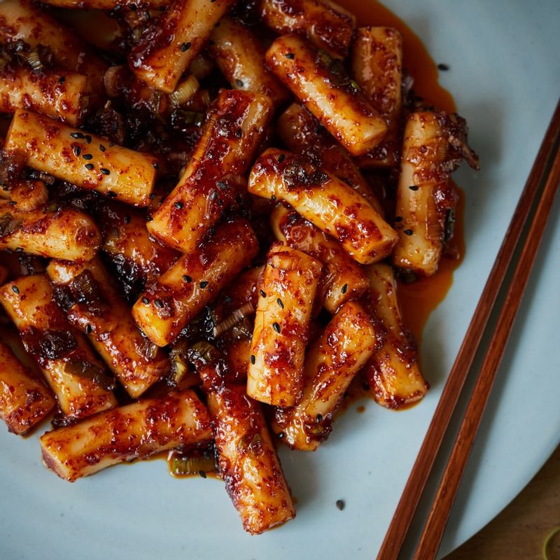 완성된 기름떡볶이를 접시에 담아 통깨를 뿌려 맛있게 즐겨주세요
(tip. 떡국떡을 사용해도 좋아요)