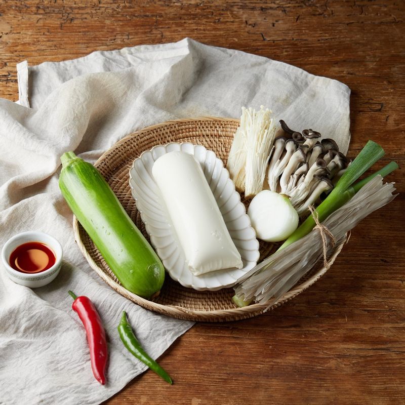 순두부 전골을 위한 재료 이미지로 순두부,느타리 버섯,팽이버섯,애호박,대파 등으로 구성 되어있습니다.