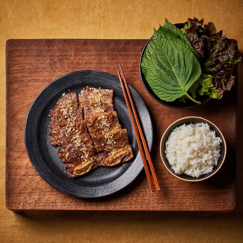 완성된 갈비를 먹기 좋게 잘라 접시에 담고 맛있게 즐겨주세요.