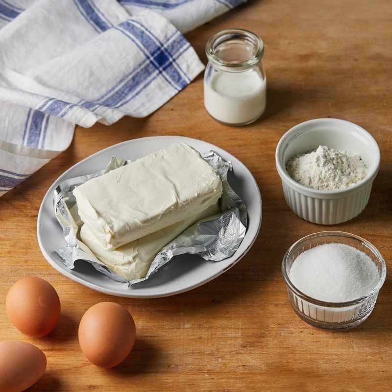 치즈케이크을 위한 재료 이미지로 크림치즈,달걀,설탕,박력분,생크림 등으로 구성 되어있습니다.