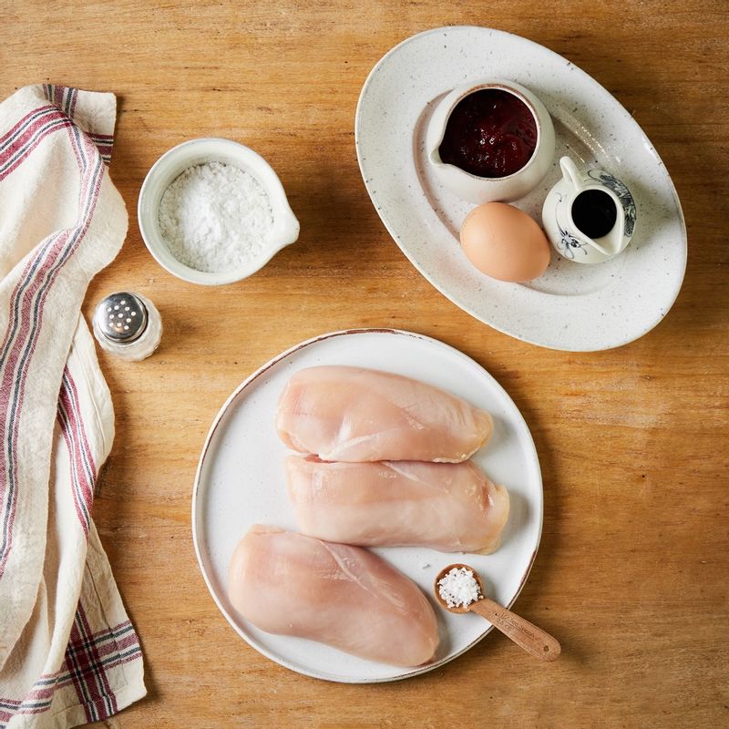 닭강정을 위한 재료 이미지로 닭가슴살,달걀 흰자,전분,소금,후춧가루 등으로 구성 되어있습니다.