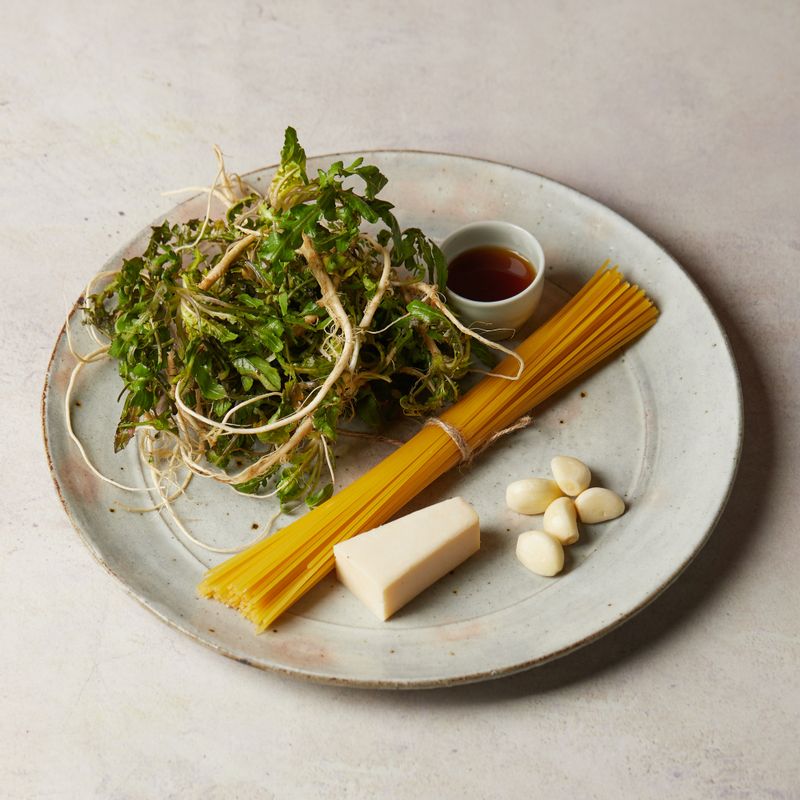 냉이 파스타을 위한 재료 이미지로 냉이,파스타 면,올리브오일,멸치액젓,마늘 등으로 구성 되어있습니다.