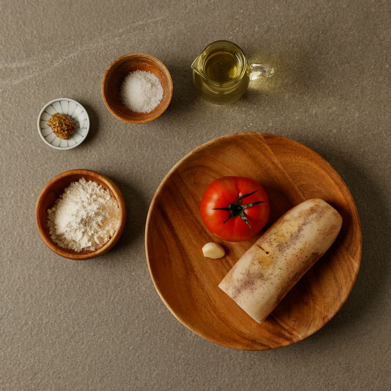 연근 너겟을 위한 재료 이미지로 연근,부침가루,식용유,마늘,소금 등으로 구성 되어있습니다.